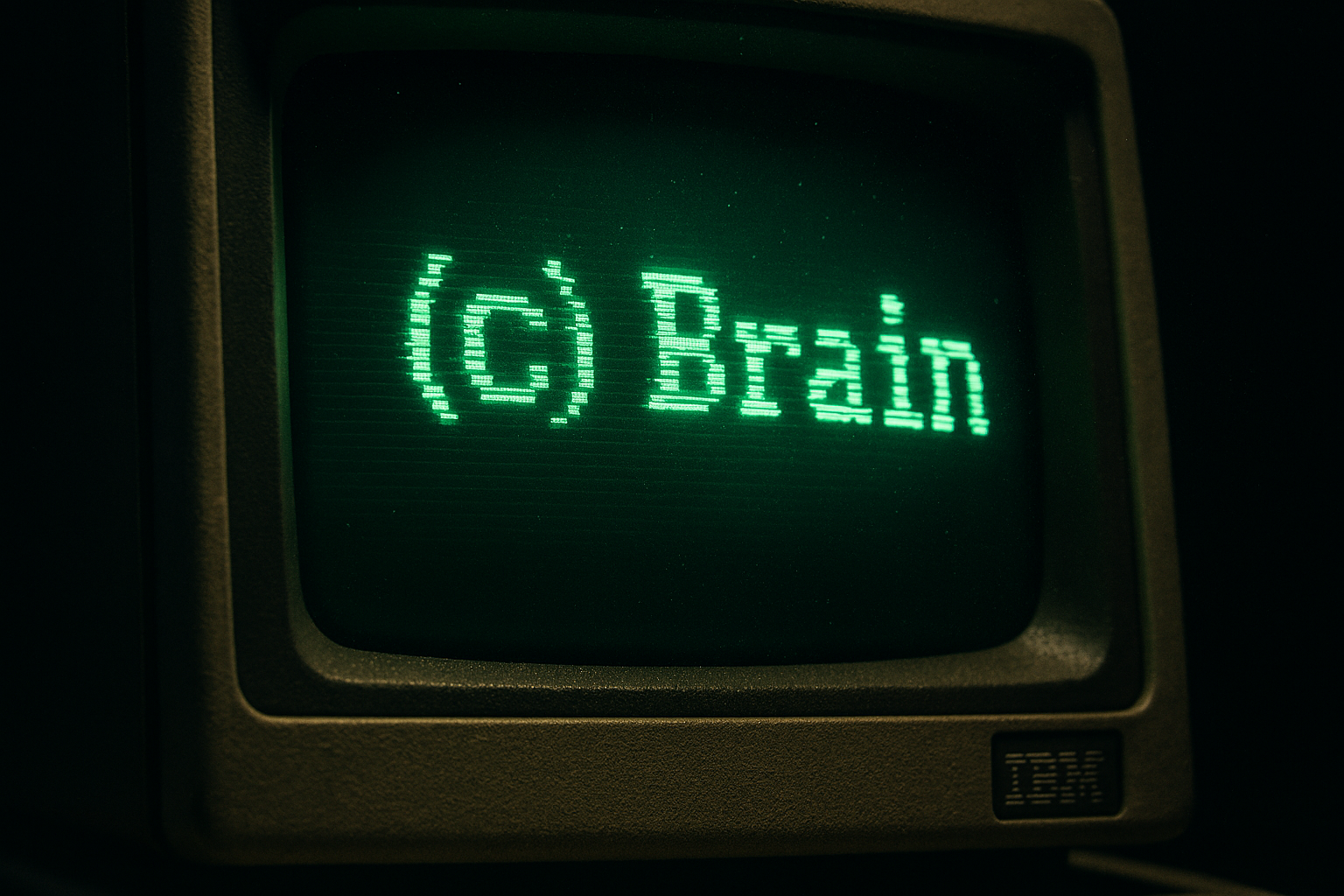 Monitor de IBM PC antigo exibindo o código do primeiro vírus de computador Brain